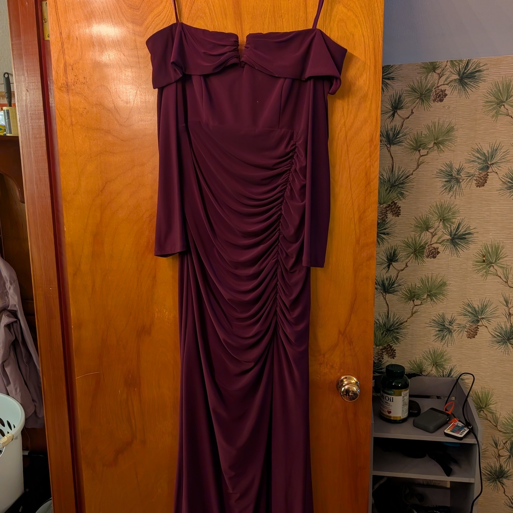 Xscape Off-Shoulder Long Sleeve Dress in Deep Purple